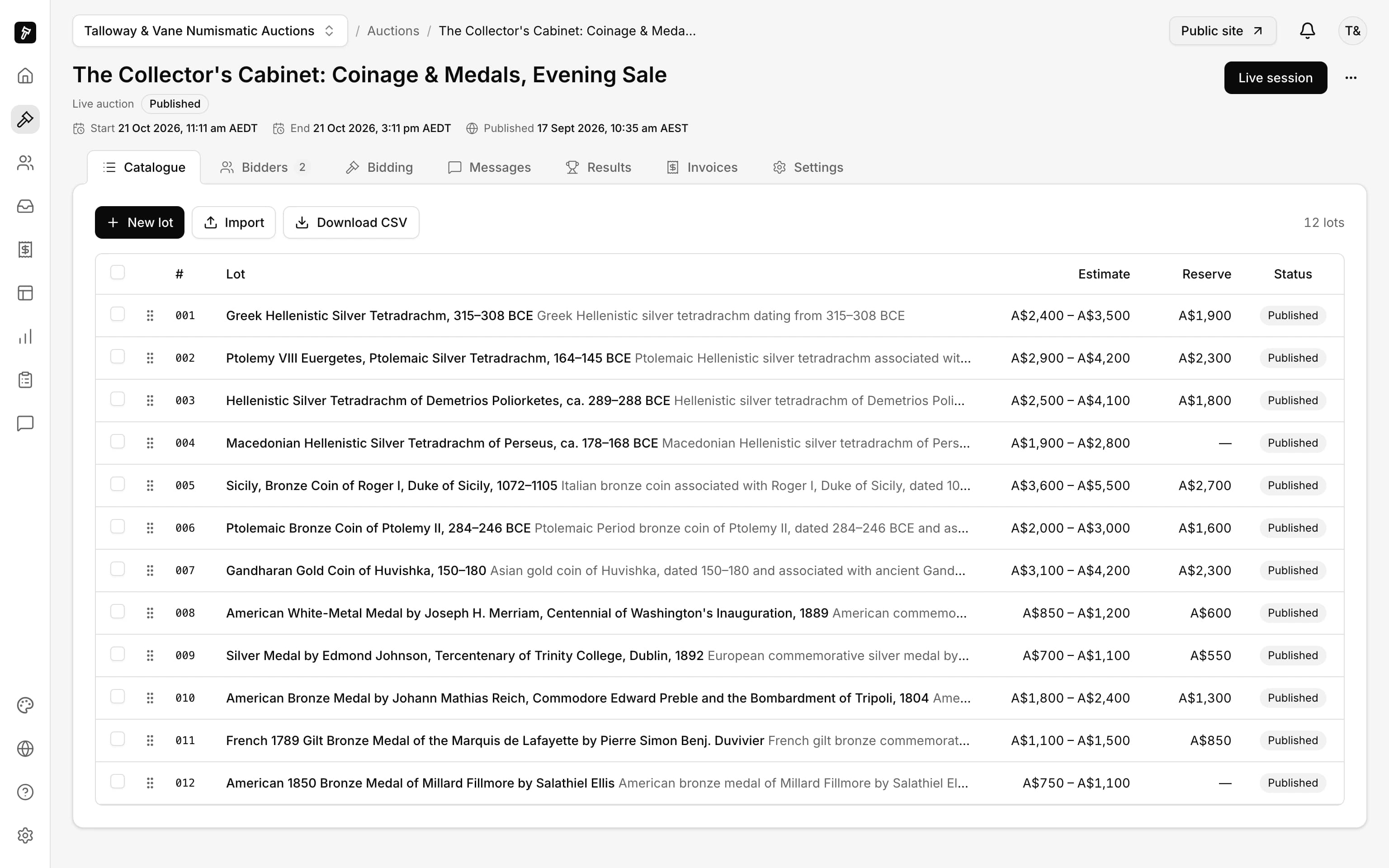 The catalogue of a sale at Talloway & Vane Numismatic Auctions in the Auctionomy dashboard