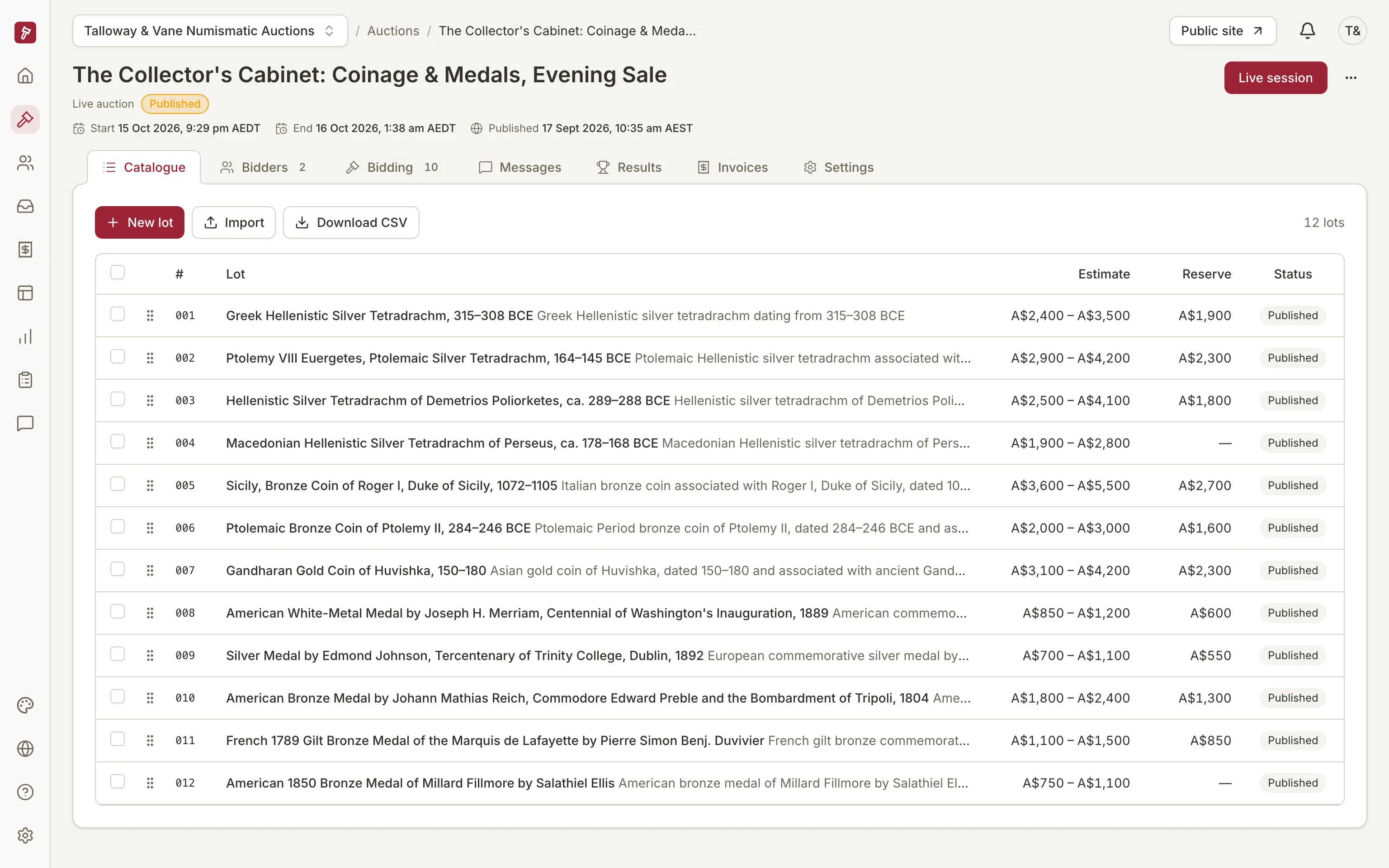 The catalogue of a sale at Talloway & Vane Numismatic Auctions in the Auctionomy dashboard