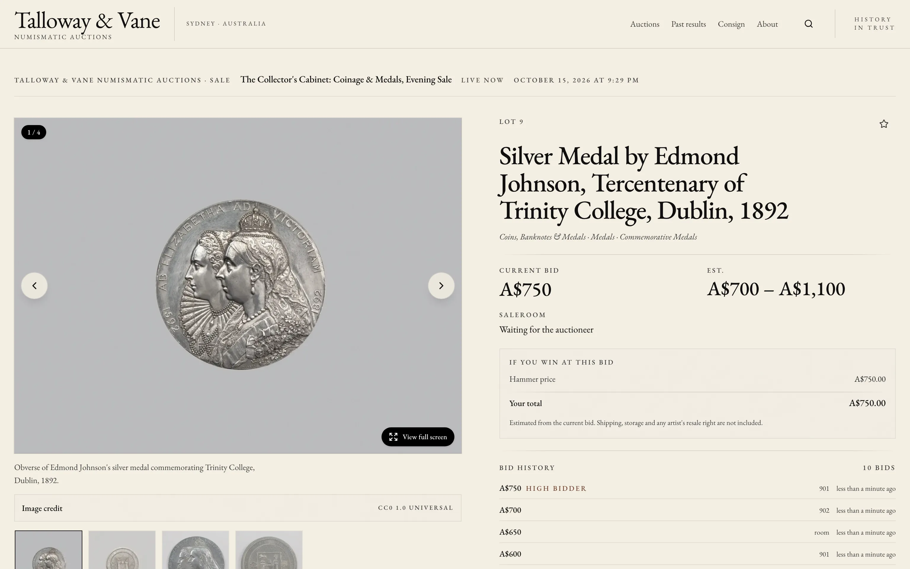 The same lot on the website of Talloway & Vane Numismatic Auctions