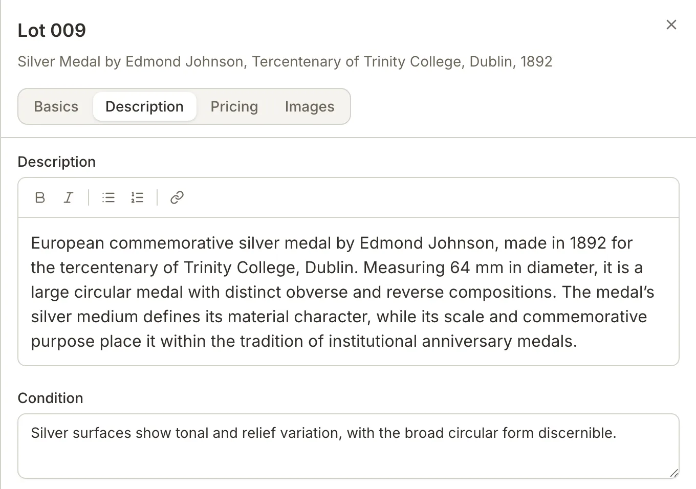One lot's description and condition, as Talloway & Vane Numismatic Auctions catalogued it