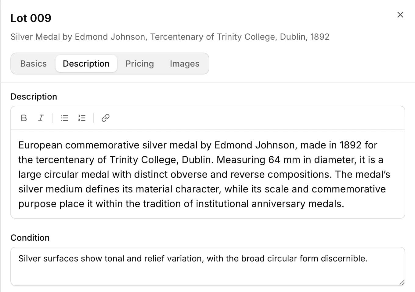 One lot's description and condition, as Talloway & Vane Numismatic Auctions catalogued it