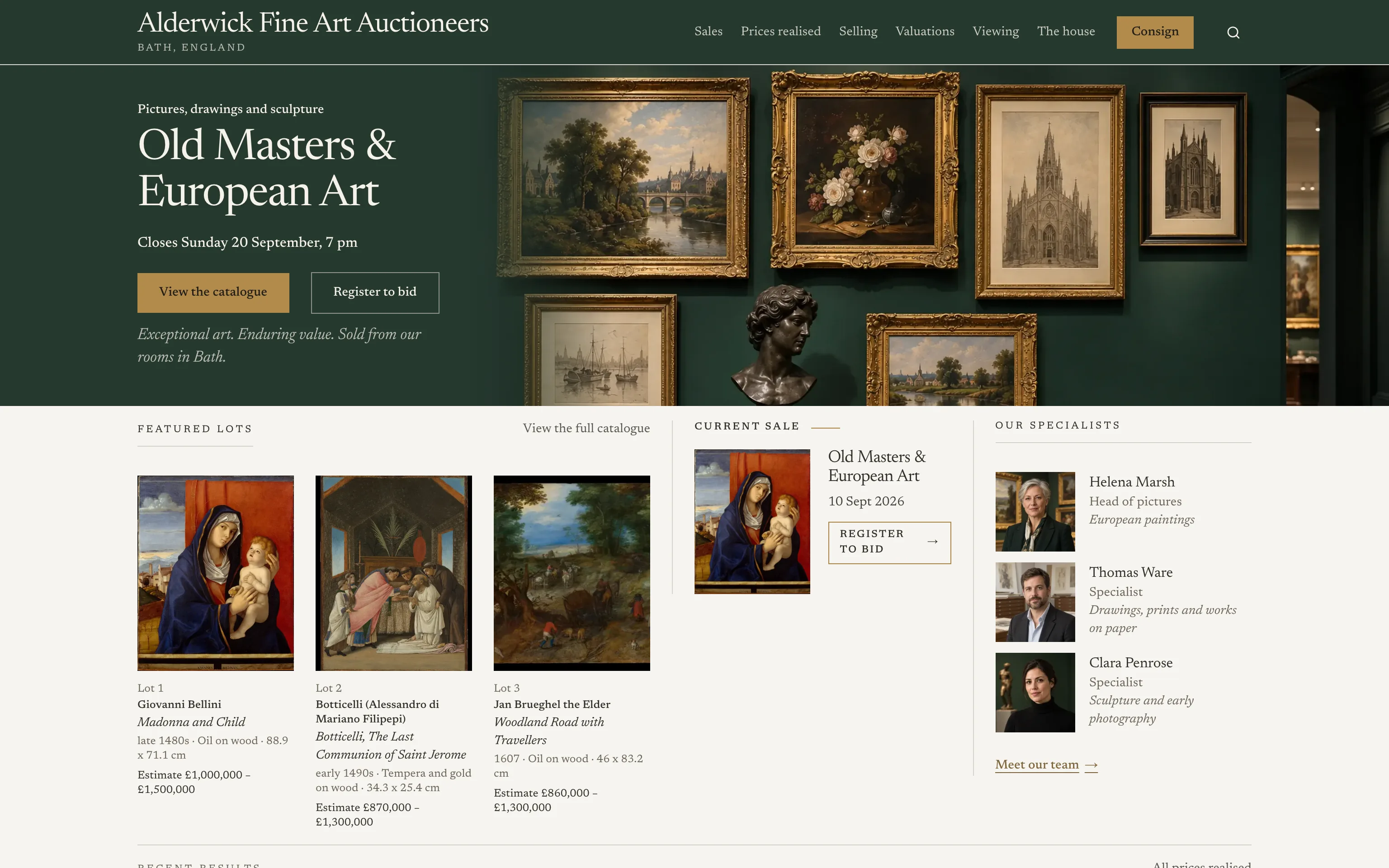 The homepage of Alderwick Fine Art Auctioneers, a demonstration house built on Auctionomy, in its own colours and under its own name