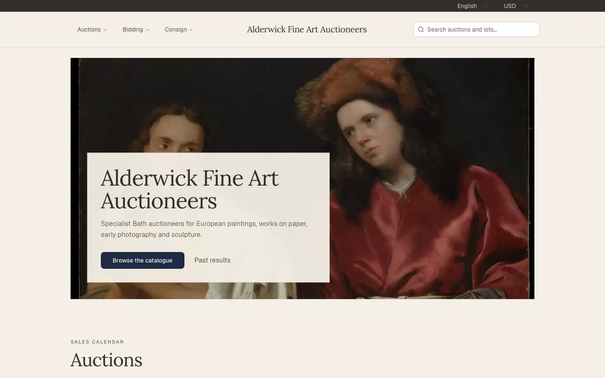The homepage of Alderwick Fine Art Auctioneers, a demonstration house built on Auctionomy