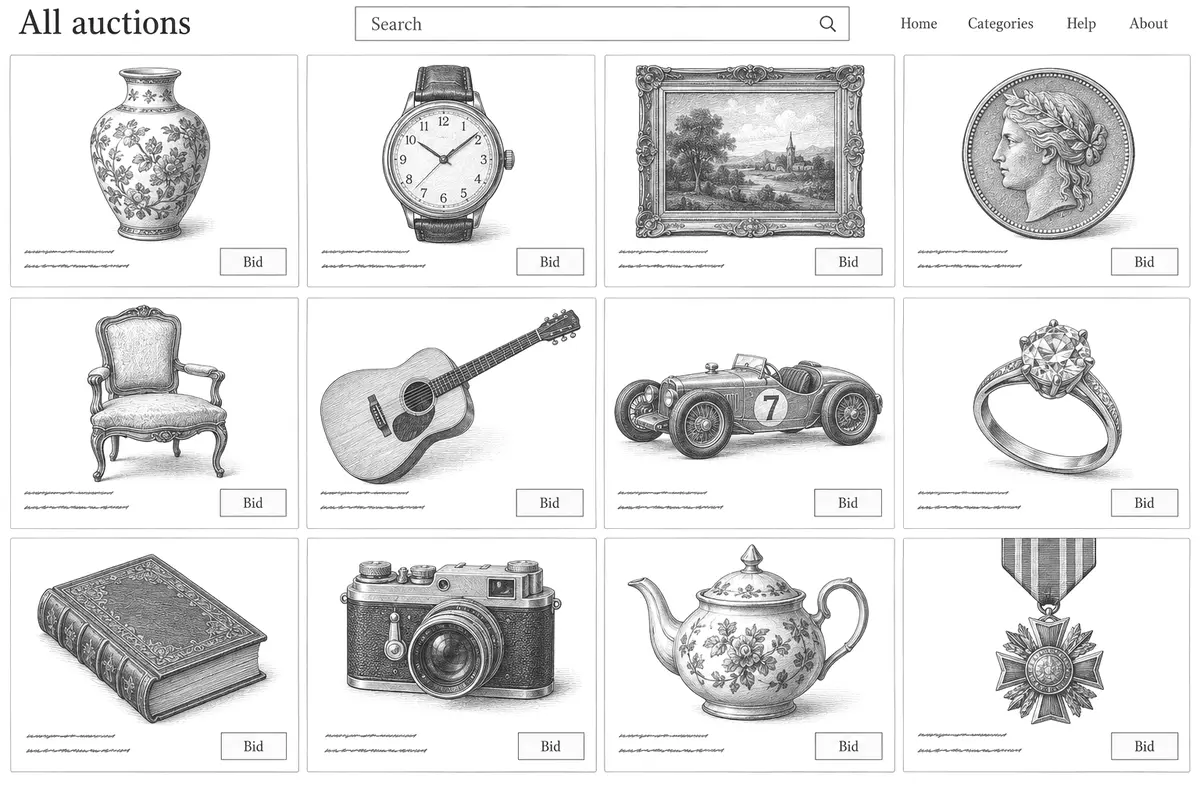 A drawing of a marketplace's listing page: a grid of lots from many sellers, no house named
