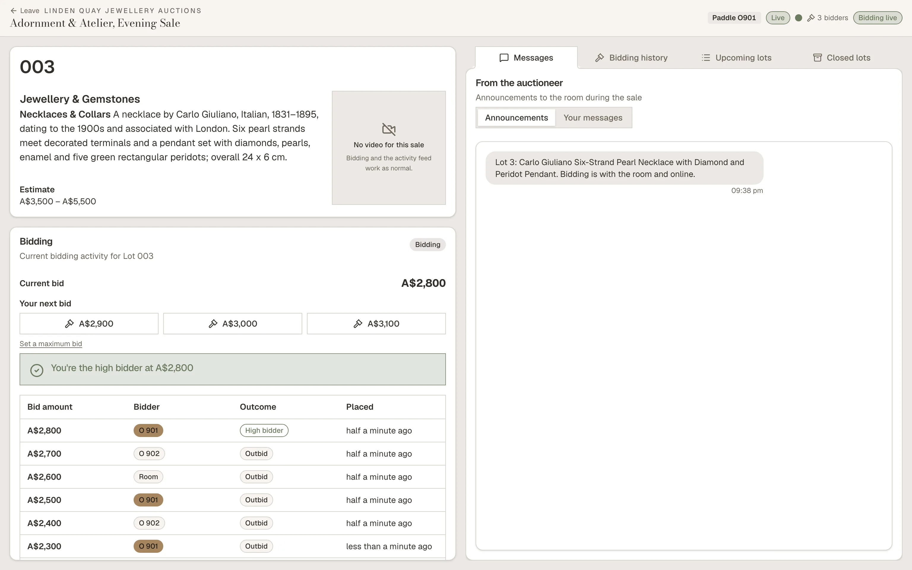A bidder following a live sale on the website of Linden Quay Jewellery Auctions