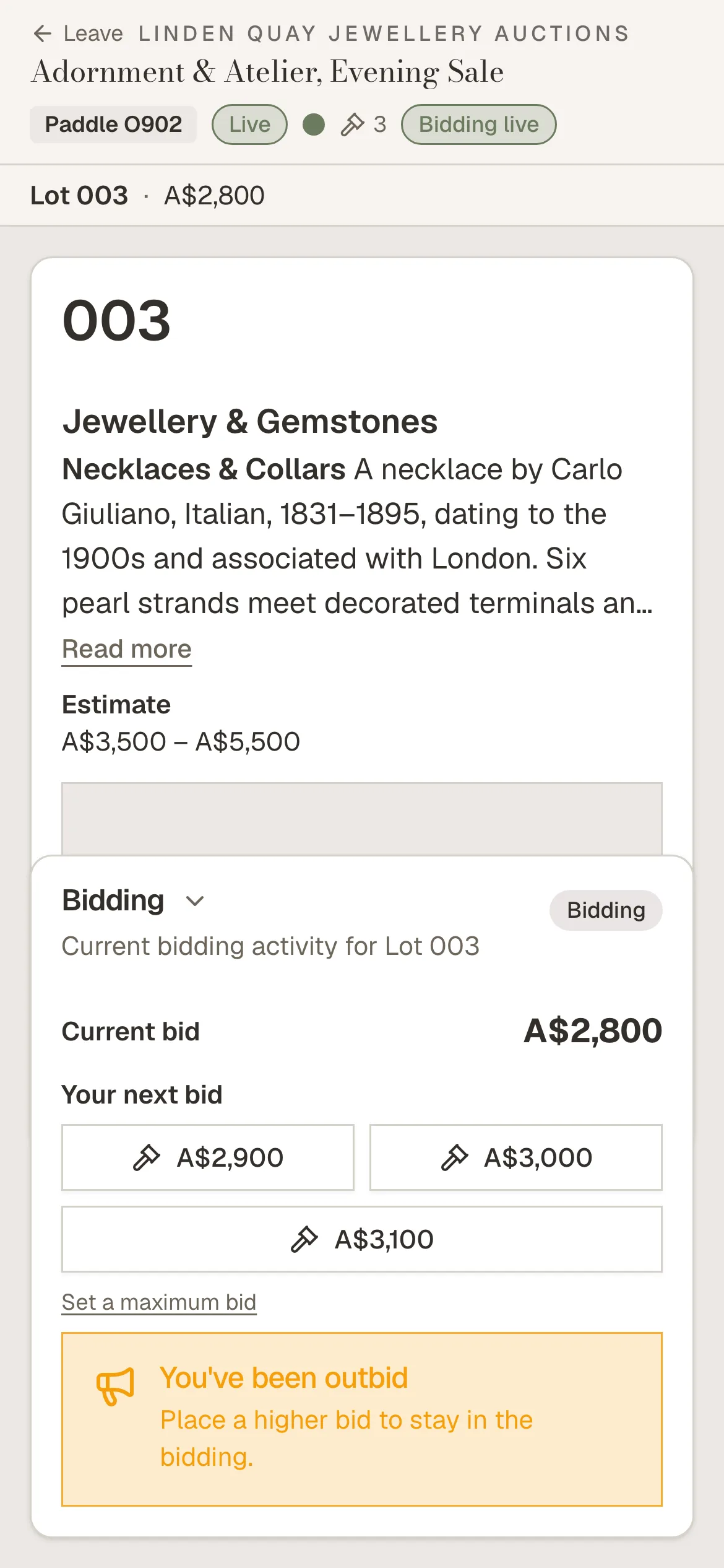 The same live sale at Linden Quay Jewellery Auctions on a bidder's phone