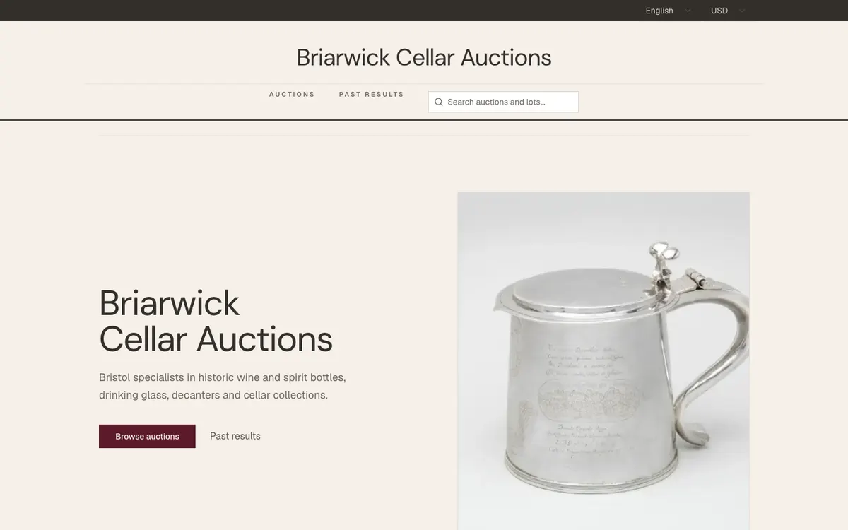 The homepage of Briarwick Cellar Auctions, a demonstration house built on Auctionomy