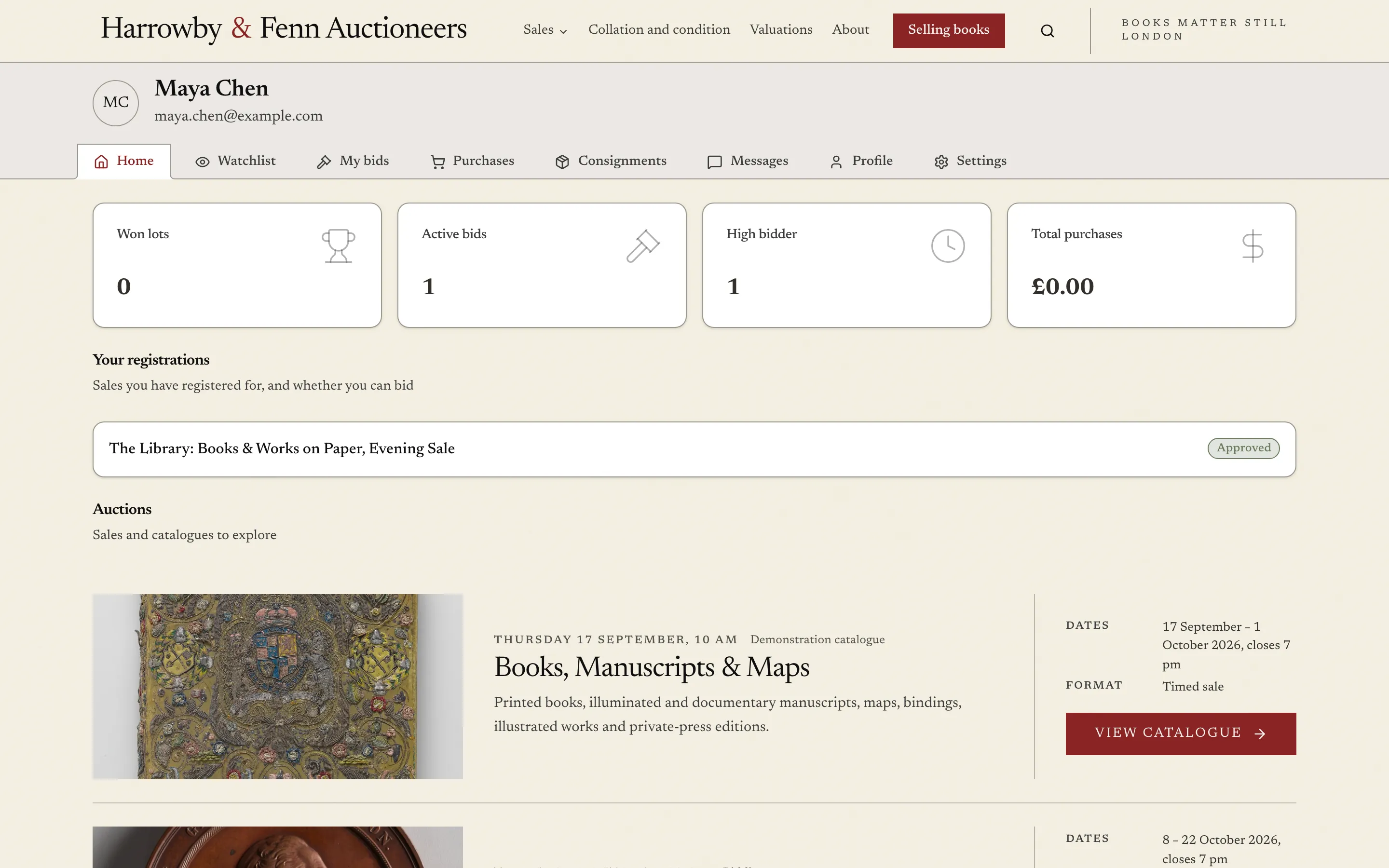 A bidder's account on the website of Harrowby & Fenn Auctioneers, showing an approved registration
