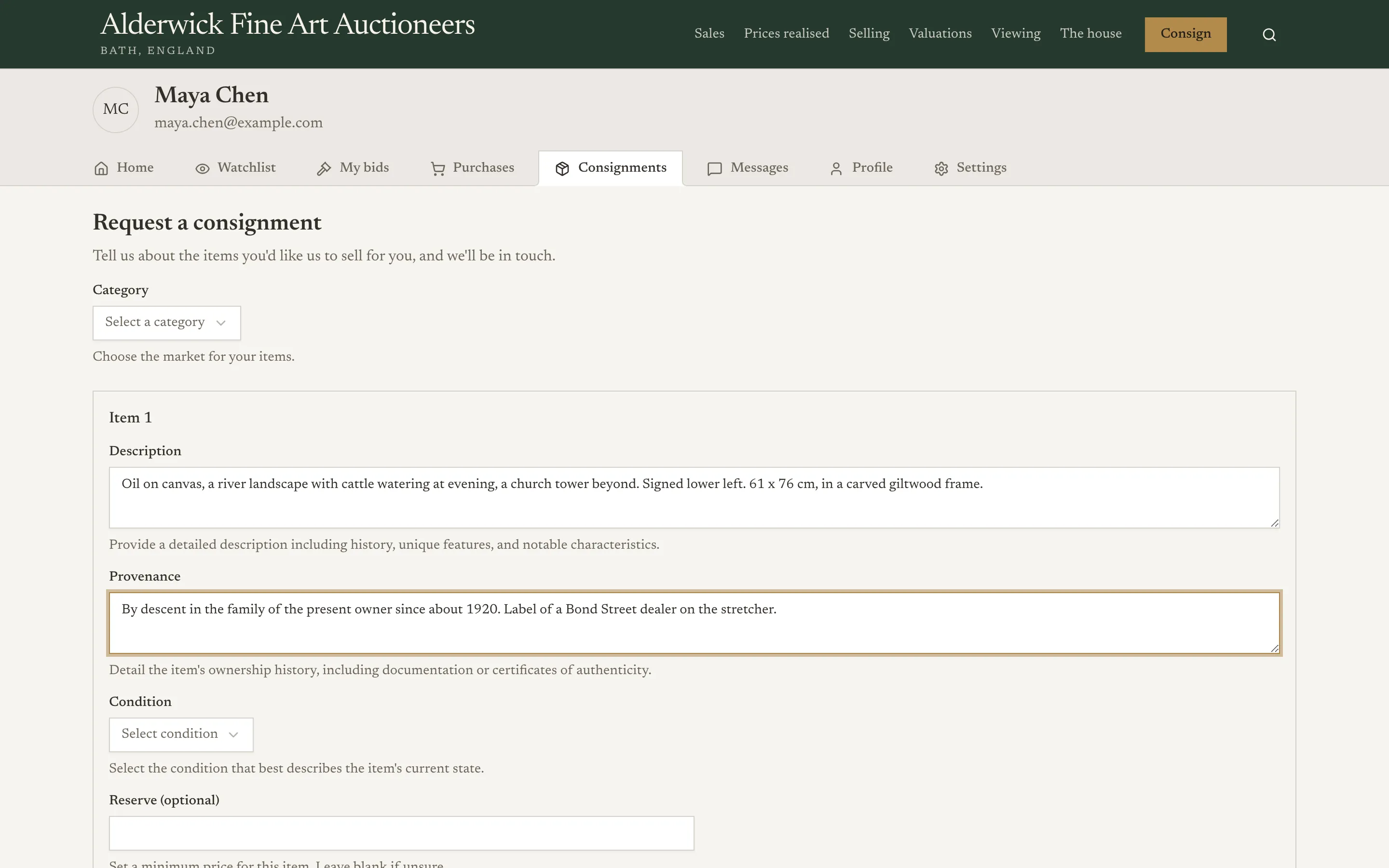 A consignment request on the website of Alderwick Fine Art Auctioneers, a demonstration house