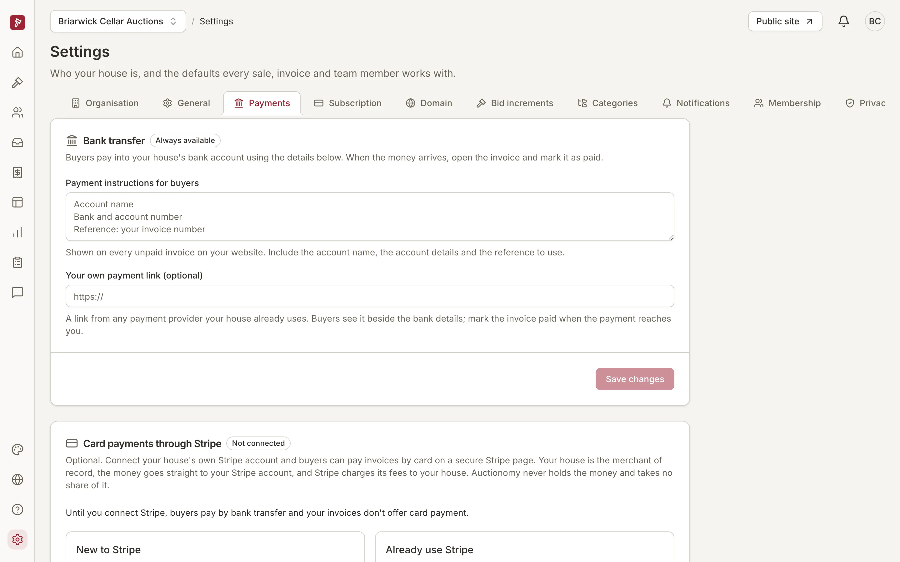 The payment settings of Briarwick Cellar Auctions in the Auctionomy dashboard