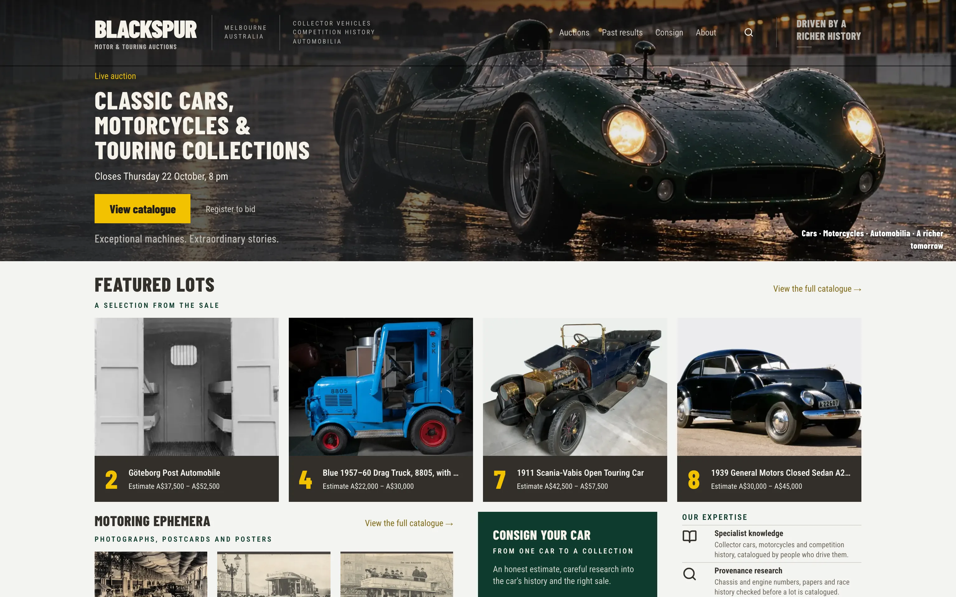 The homepage of Blackspur Motor & Touring Auctions, a demonstration house built on Auctionomy