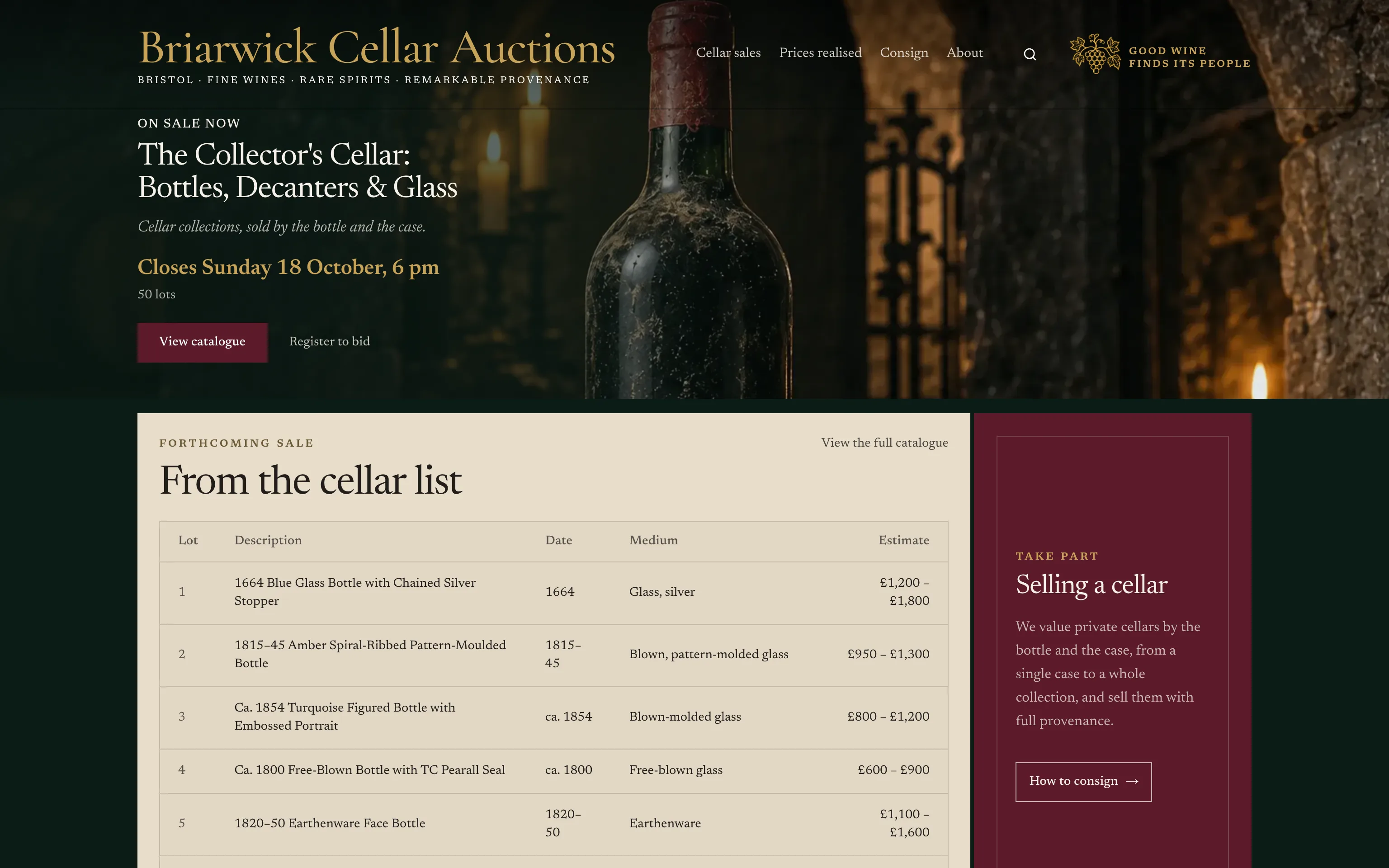 The homepage of Briarwick Cellar Auctions, a demonstration house built on Auctionomy